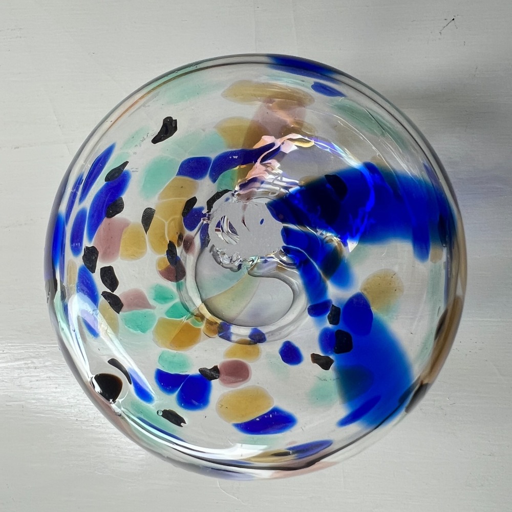 Vintage Signed Studio Art Glass Vase 4 in Cobalt Blue Amber Aqua Spot Pattern - Picture 5 of 10